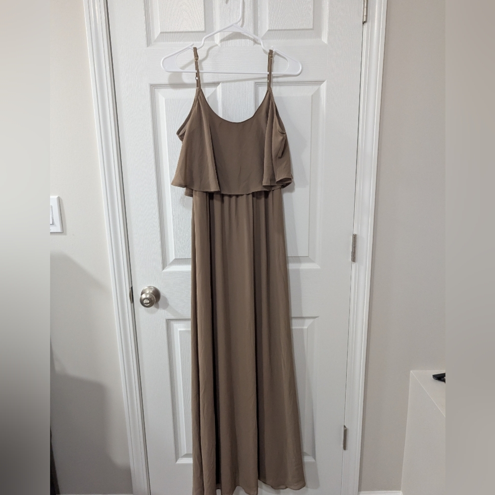 Show Me Your MuMu, Medium, Caitlin Ruffle Maxi Dress,‎ Dune, Formal Bridesmaid
